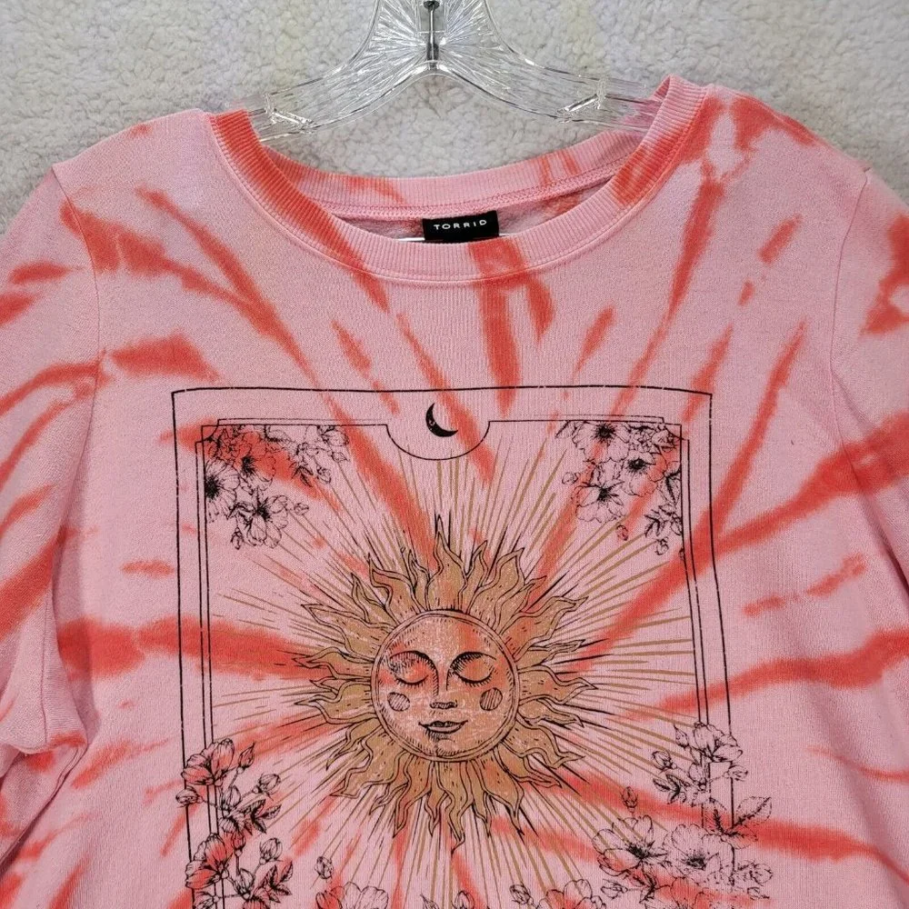 Torrid Pink Tie Dye Le Soleil Sun Moon Classic Round Neck Comfy Pullover Sweater - Picture 2 of 13